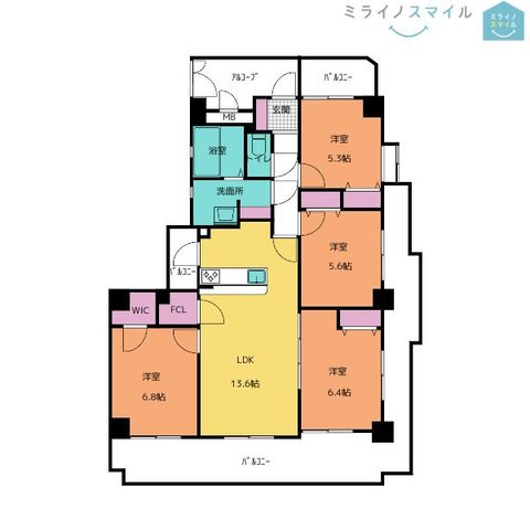 広々リビング13.6帖!4LDK全室5.3帖以上♪ウォークインクローゼット付きです♪