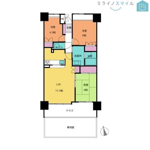 広々リビング15.3帖!3LDK全室4.5帖以上♪テラス・専用庭付きです♪