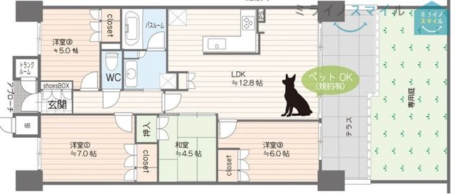 広々リビング12.8帖!4LDK全室5帖以上♪専用庭・テラス・トランクルーム付きです♪