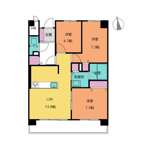 専有面積66.75m2、バルコニー面積11.51m2、3LDK