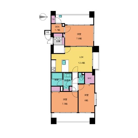 専有面積76.29m2、バルコニー面積19.41m2、3LDK+DEN+WIC