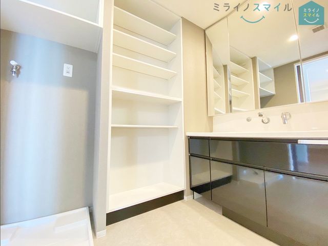 三面鏡洗面化粧台 横に収納可動棚あり
